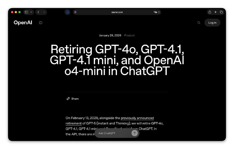OpenAI Retires Four GPT Models from ChatGPT Interface Starting February 13