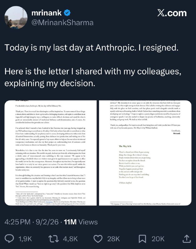 Anthropic's AI Safety Lead Resigns, Warning of Existential Risks Ahead