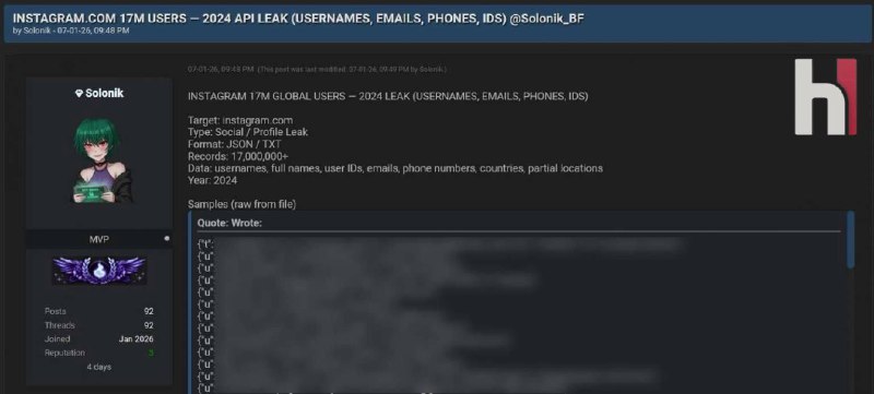 Instagram Denies Data Breach Affecting 17 Million Accounts Despite Leaked Database